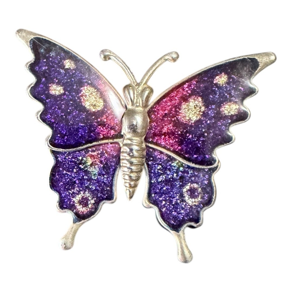Fairycore Vtg Butterfly Pin Brooch Purple Pink Gold Glitter‎ Enamel Gold Tone